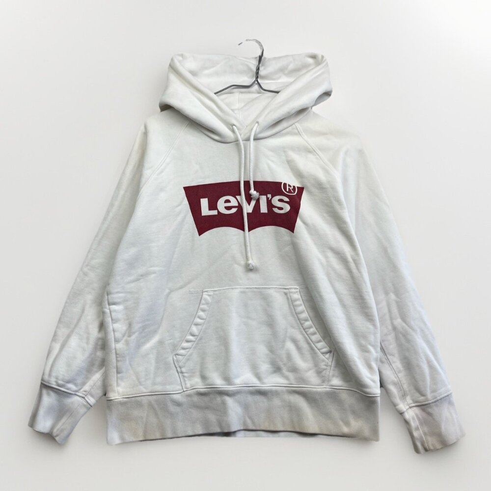 Levi’s White Hoodie Sweatshirt Hooded Levis Logo Red Unisex Small *Stained Read*